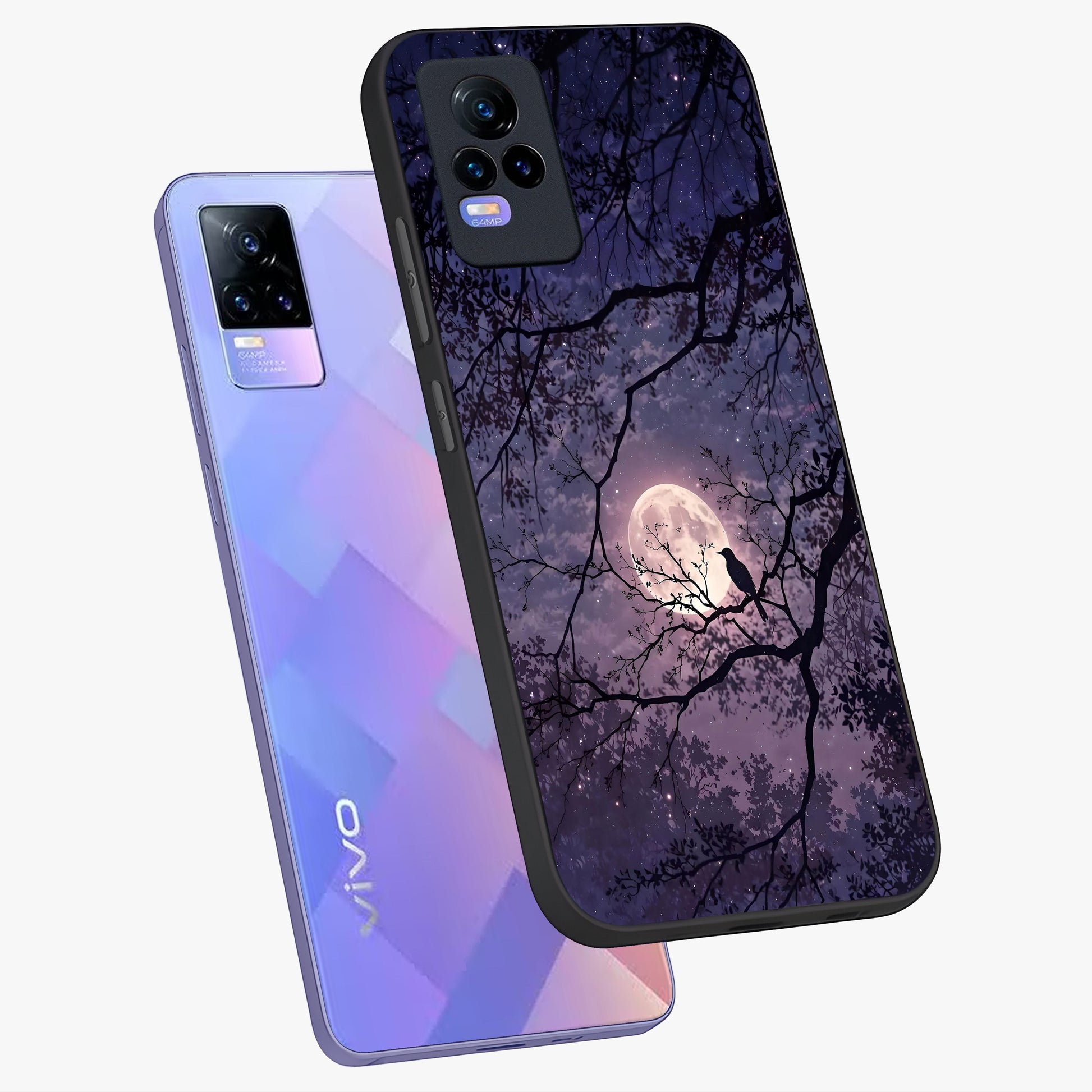 Whispering Moon Silence Glass Case displayed in angled mockup highlighting calm lunar design with dreamy night aesthetic.