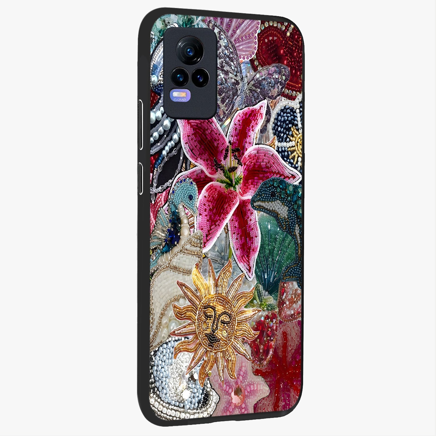 Beaded Garden Fantasy Glass Case upright view showcasing whimsical garden aesthetic with artistic bead details.