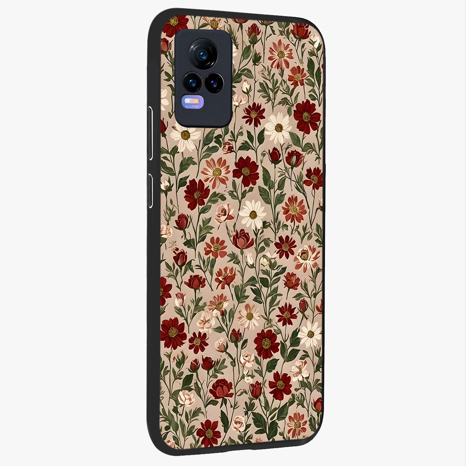 Biege Flower With Leaf Glass Case upright view showcasing delicate beige flower illustration with clean botanical style.