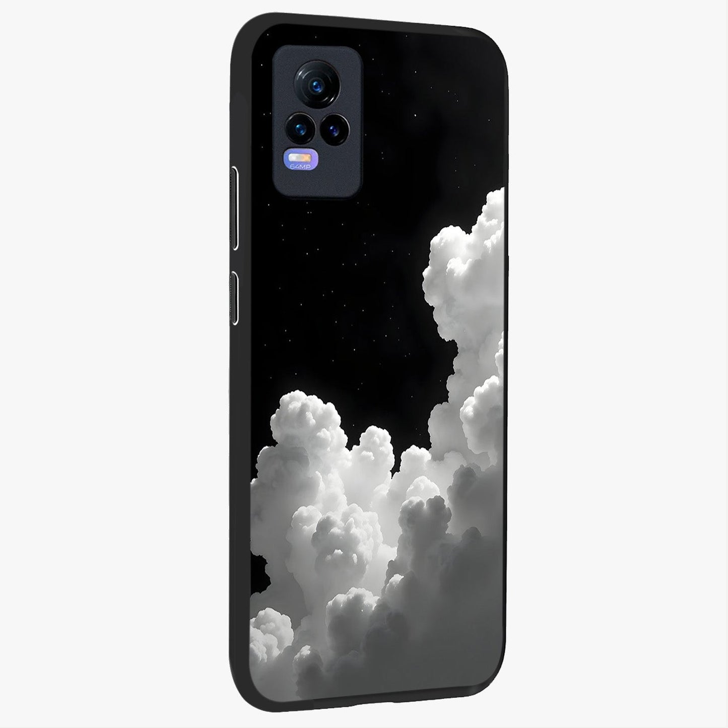 Black Background With White Cloud Glass Case upright view showcasing calm cloud aesthetic with modern minimal style.