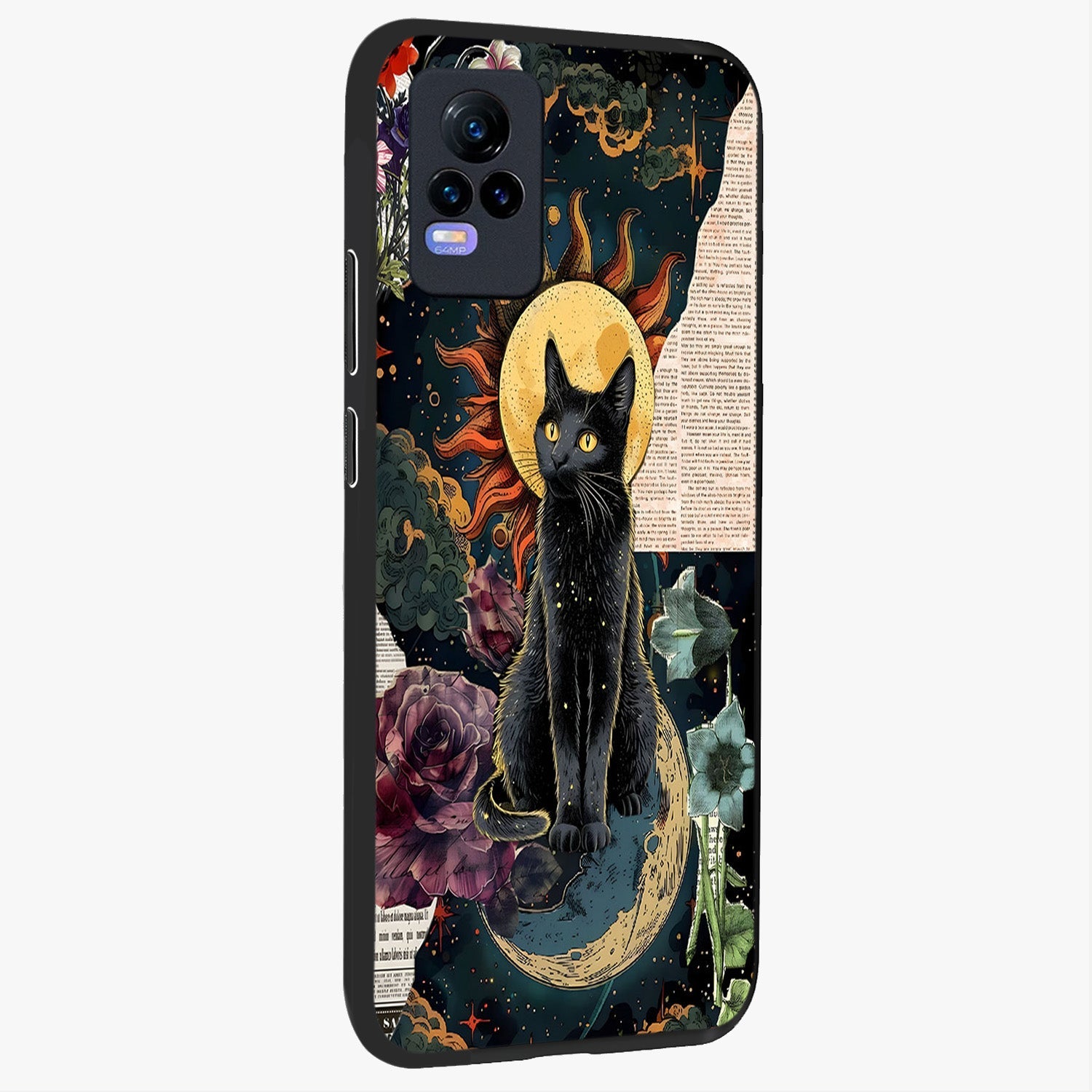 Celestial Black Cat Glass Case upright view showcasing magical black cat illustration with starry cosmic theme.