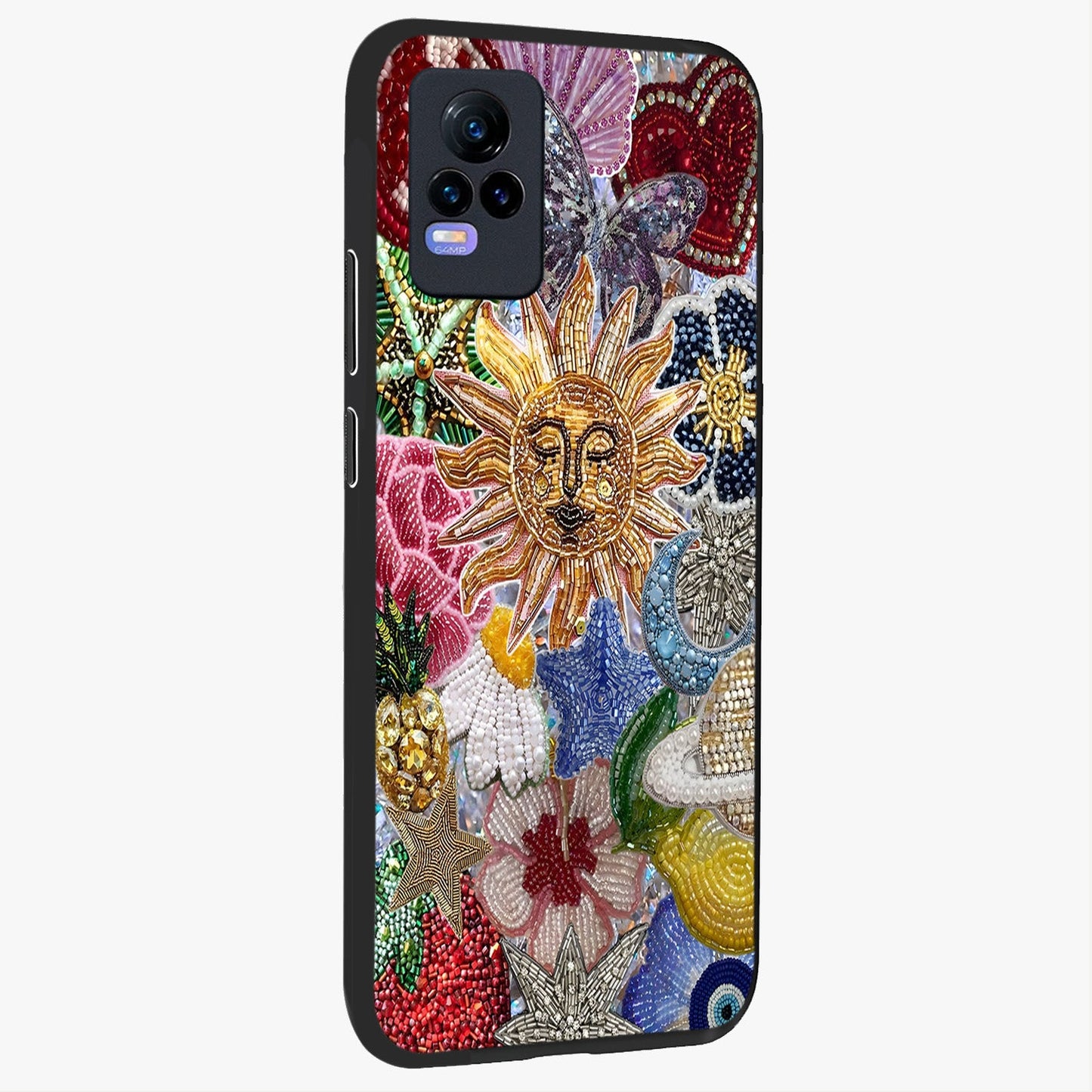 Celestial Floral and Playful Glass Case upright view showcasing whimsical floral artwork with cosmic aesthetic theme.