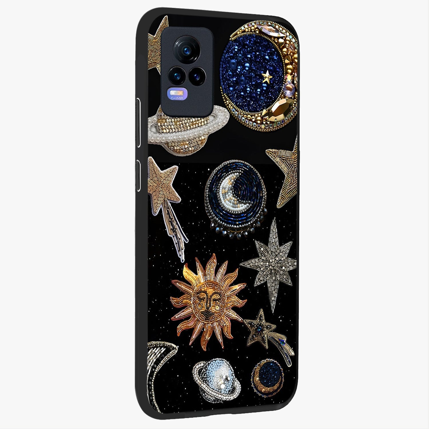 Celestial Gem Constellations Glass Case upright view showcasing cosmic constellation artwork with celestial aesthetic style.