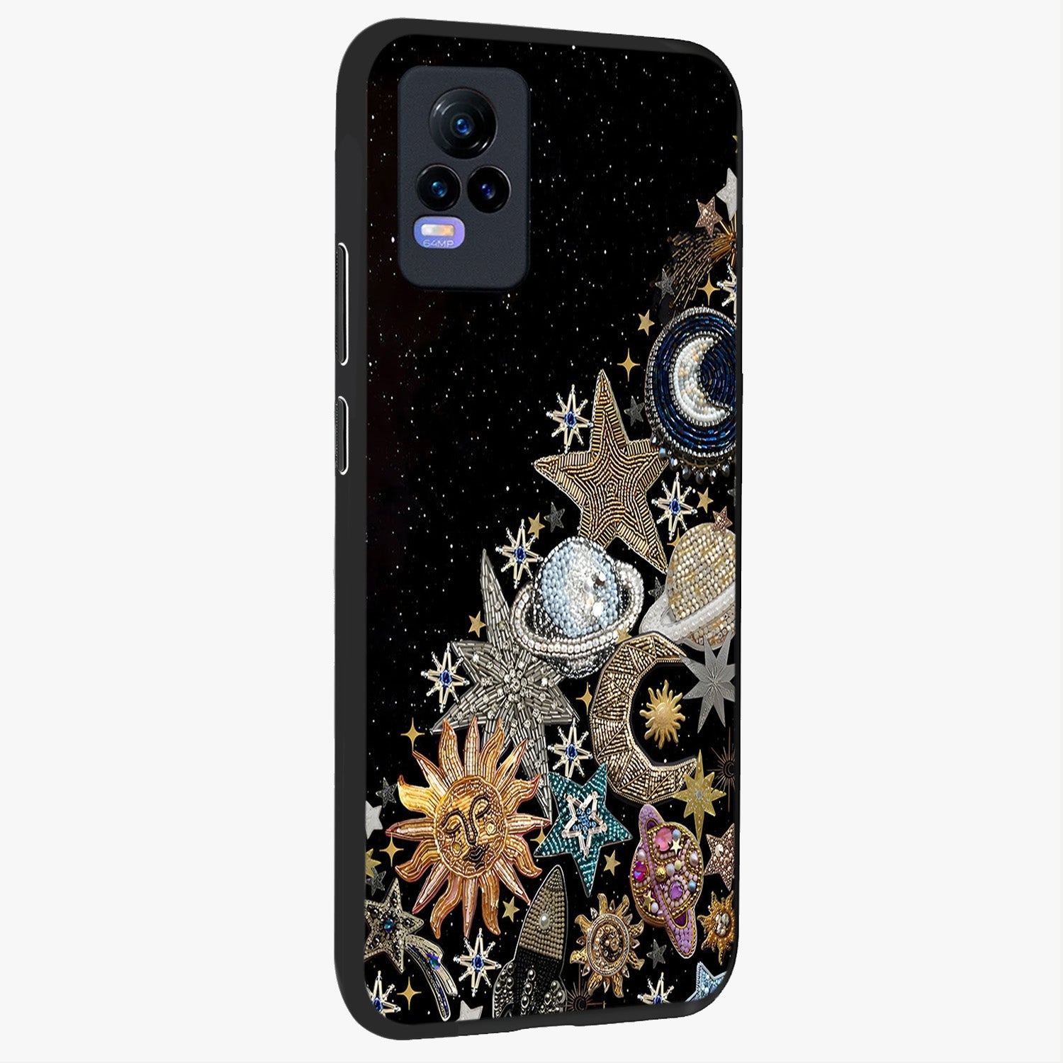 Cosmic Sparkle Dreams Glass Case upright view showcasing glowing cosmic artwork with magical galaxy theme.