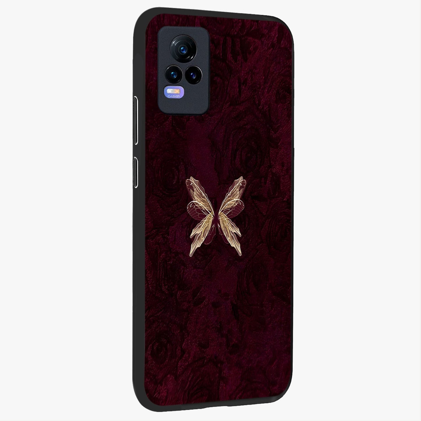 Crimson Fade Butterfly Glass Case upright view showcasing graceful butterfly artwork with soft crimson fade effect.