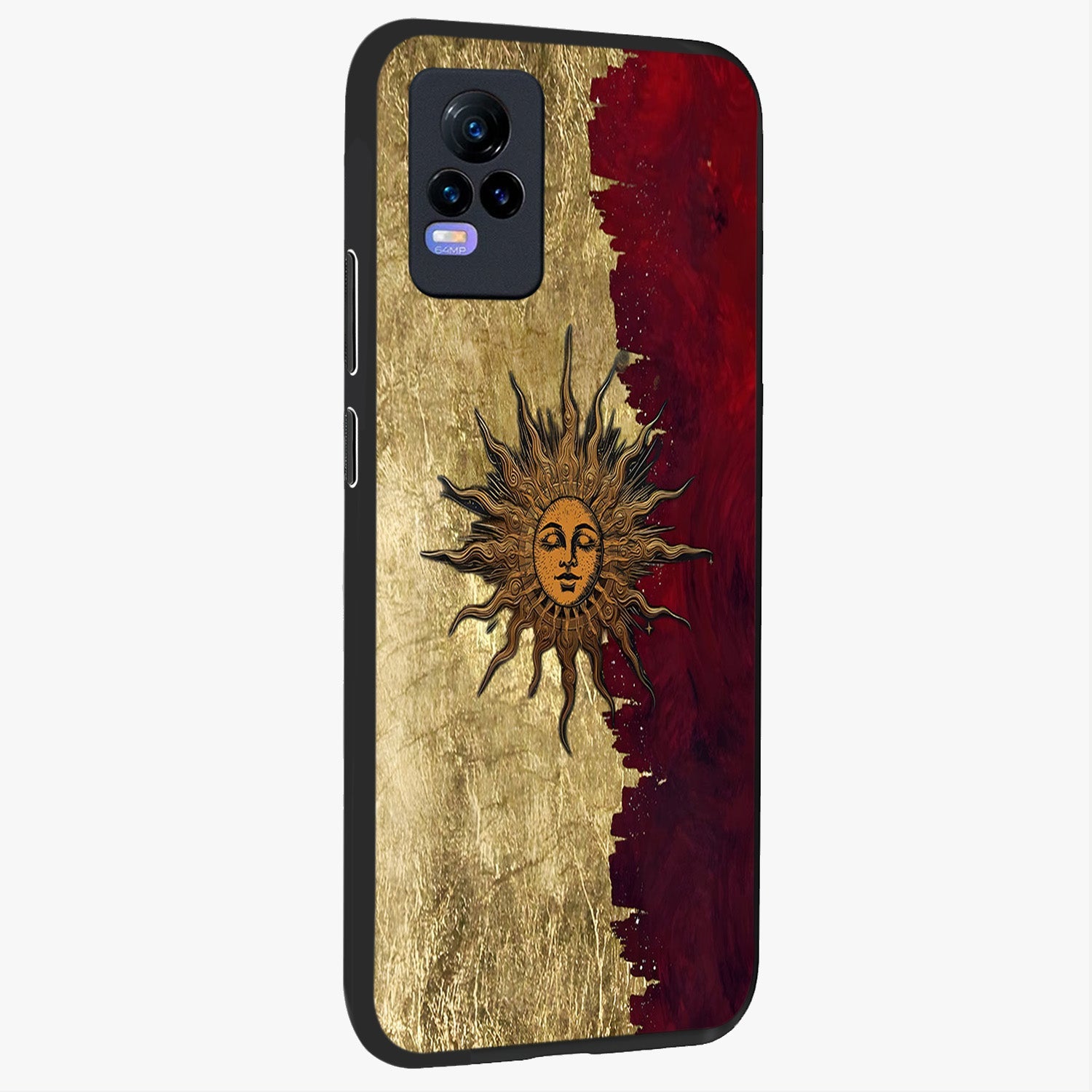 Crimson Sun Majesty Glass Case upright view showcasing vibrant sun artwork with powerful celestial theme.