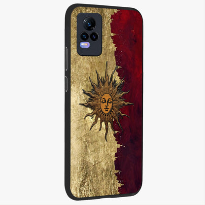 Crimson Sun Majesty Glass Case upright view showcasing vibrant sun artwork with powerful celestial theme.