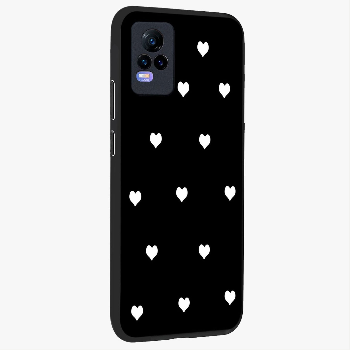 Cute And Simple White Hearts Glass Case upright view showcasing simple white hearts artwork with soft minimal theme.