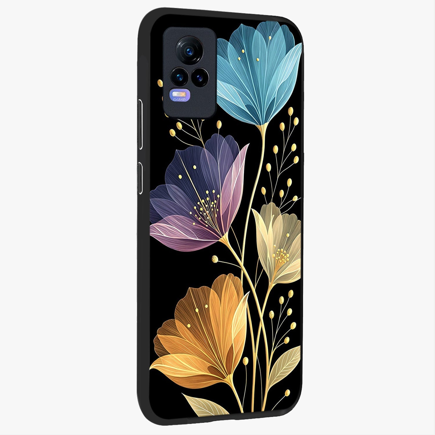 Delicate Multicolor Flowers Glass Case upright view showcasing delicate floral artwork with bright botanical theme.