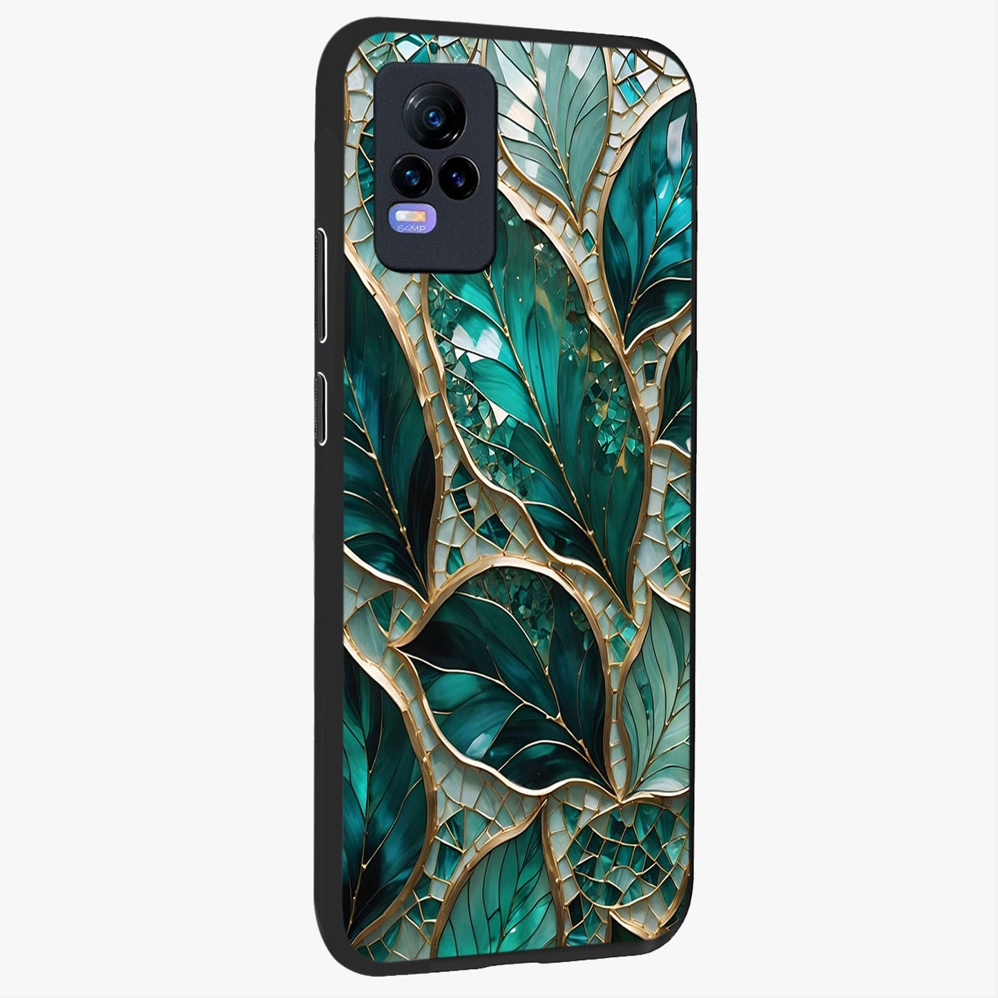 Emerald Leaf Glass Glass Case upright view showcasing fresh green leaf artwork with calming nature inspired style.