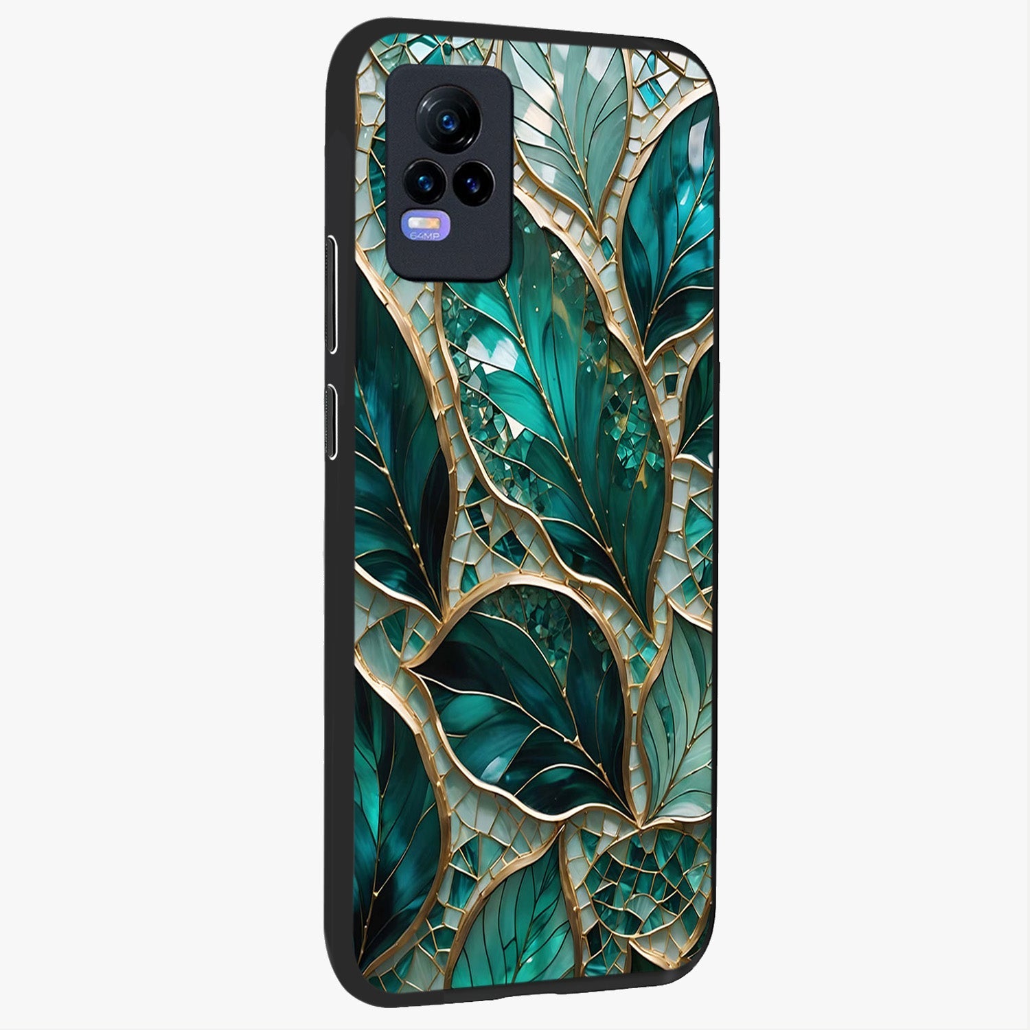 Emerald Leaf Glass Glass Case upright view showcasing fresh green leaf artwork with calming nature inspired style.