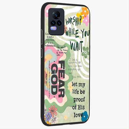 Faith Over Fear Glass Case upright view showcasing bold typography artwork with uplifting motivational theme.