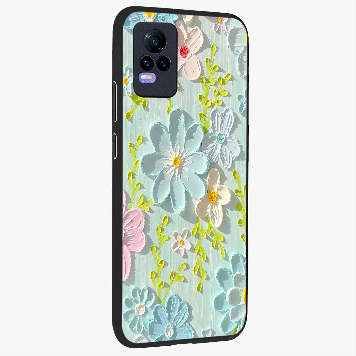 Frosted Petal Garden Glass Case upright view showcasing elegant floral garden artwork with soothing pastel theme.