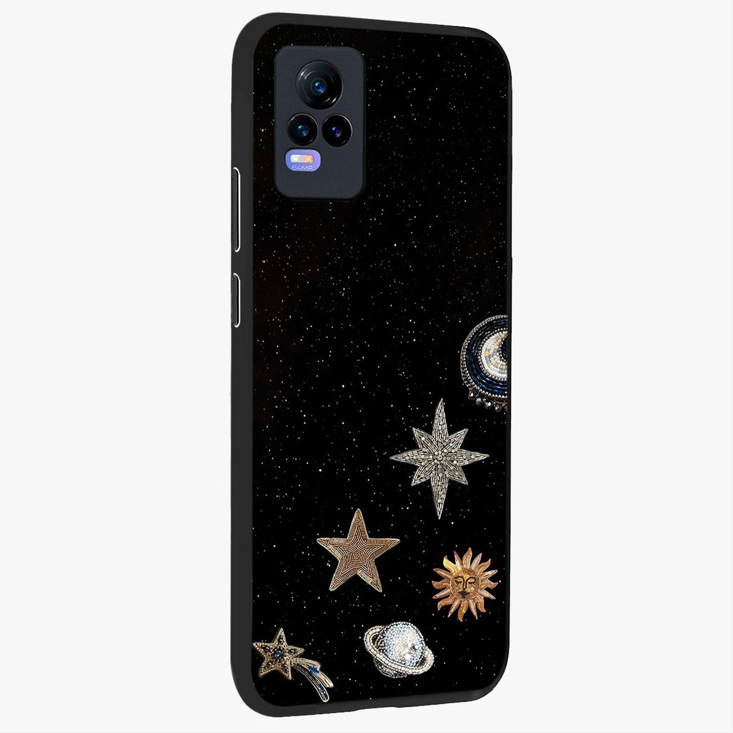 Galactic Charm Glow Glass Case upright view showcasing glowing cosmic charm artwork with magical celestial style.