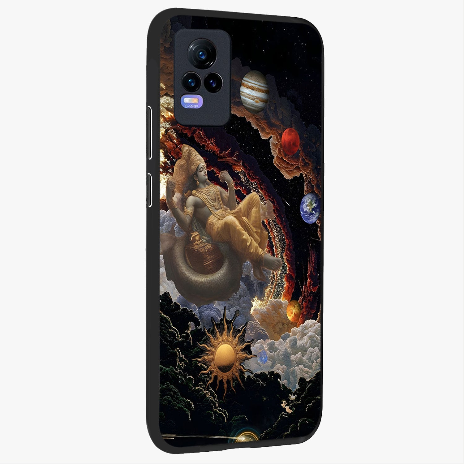 Galactic Divine God Glass Case upright view showcasing mystical divine artwork with dramatic cosmic theme.
