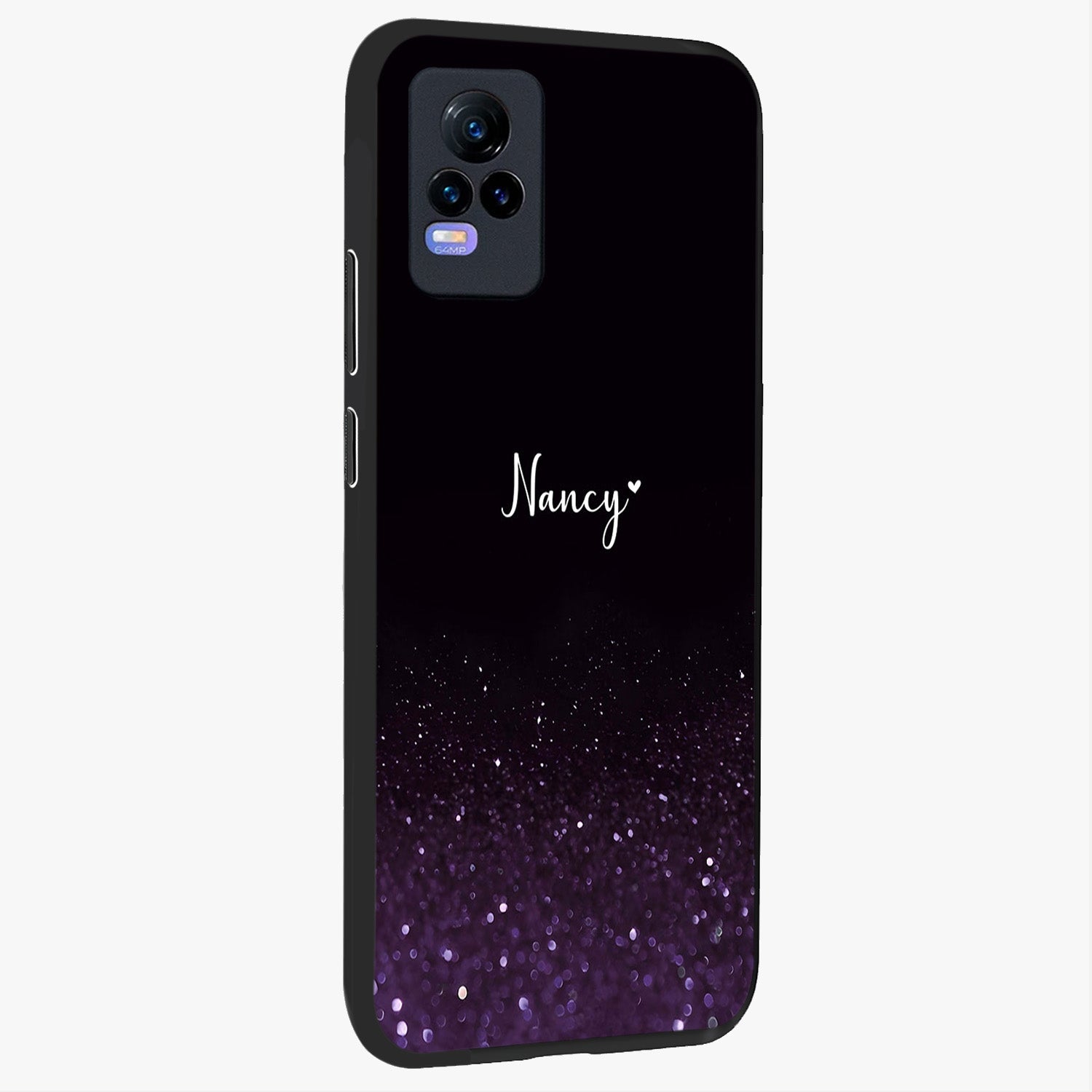 Glittery Purple Bokeh Custom Name Glass Case upright view showcasing vibrant purple sparkle artwork with personalized aesthetic style.