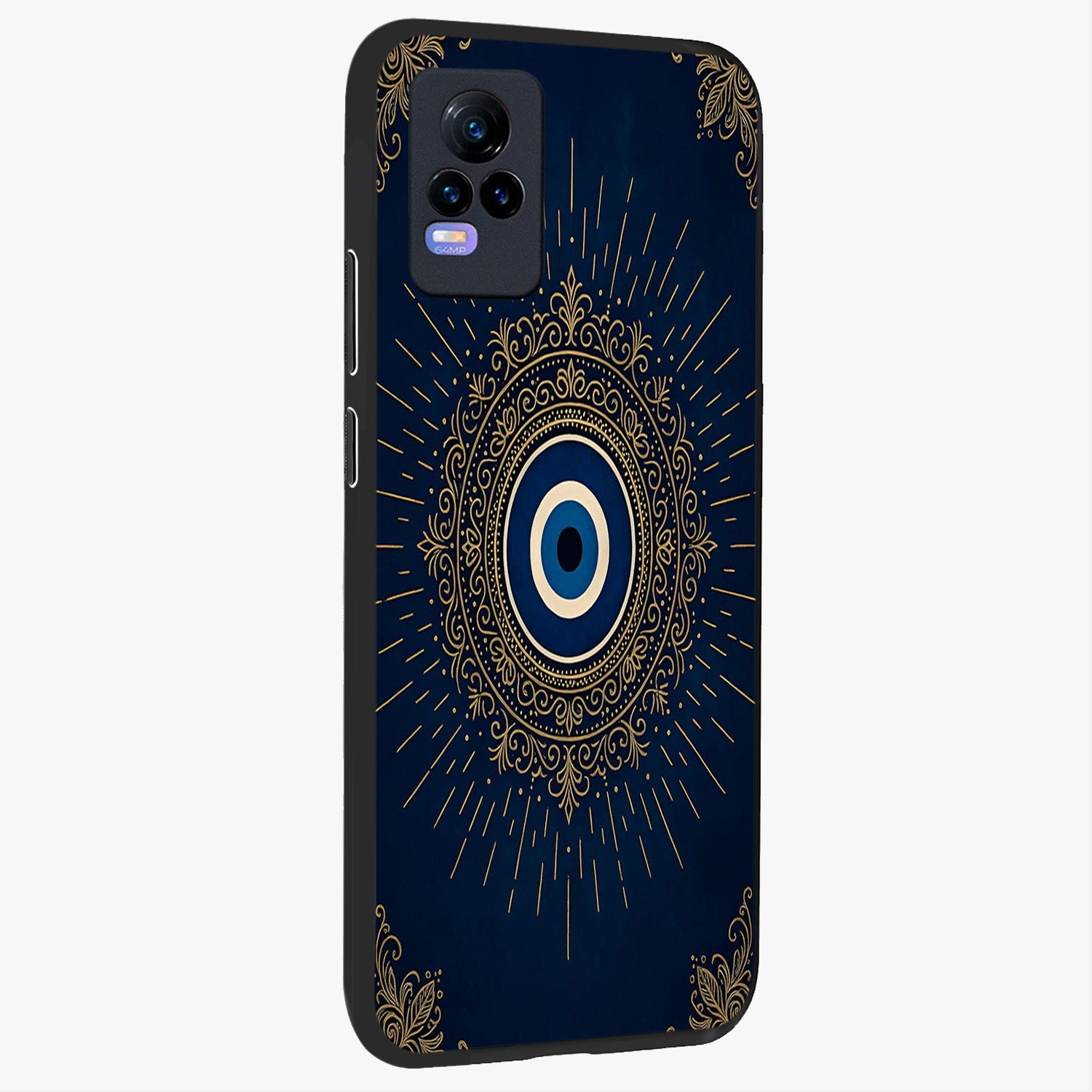 Golden Celestial Charm Glass Case upright view showcasing radiant celestial artwork with elegant golden theme.