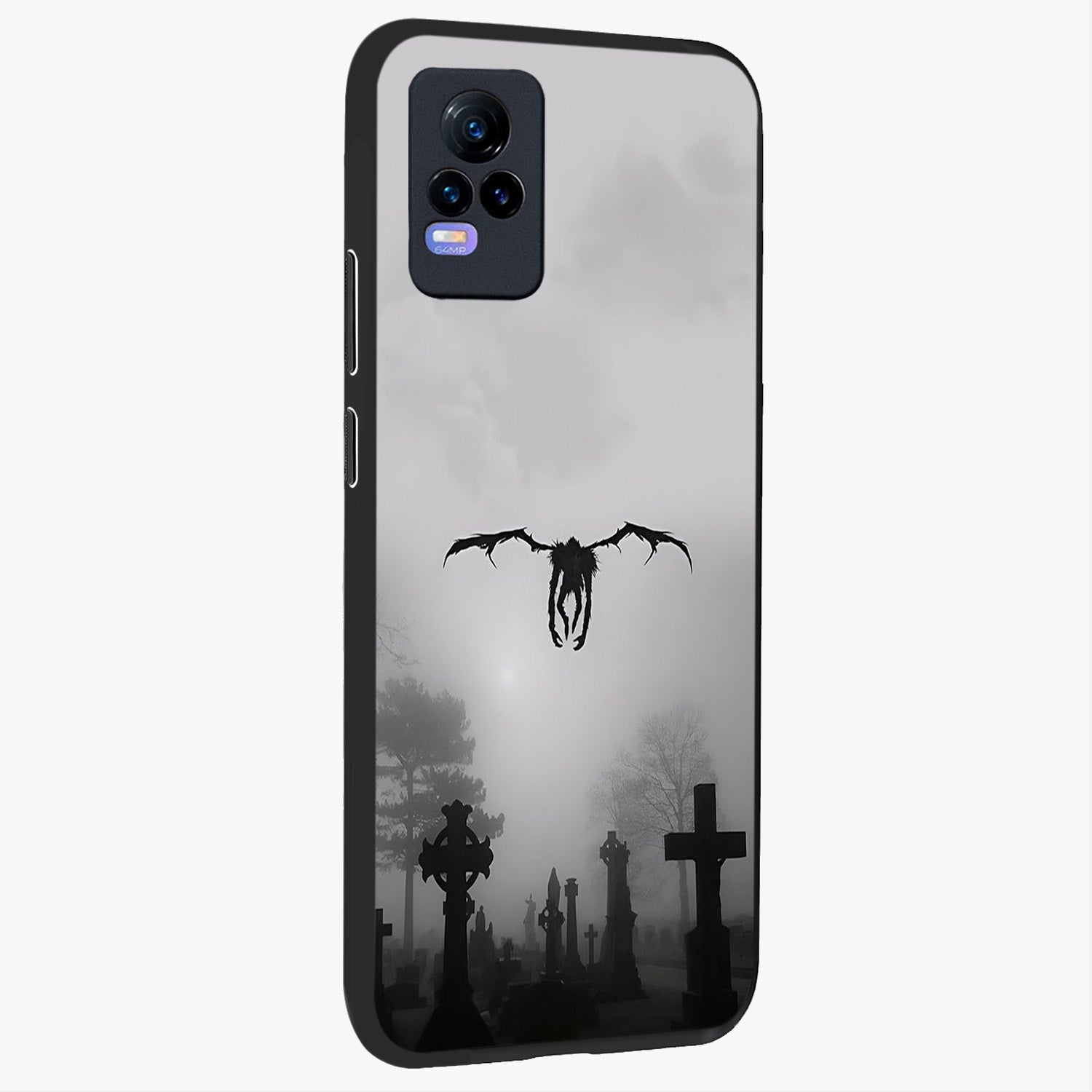 Graveyard Shadow Descent Glass Case upright view showcasing haunting graveyard artwork with dramatic dark theme.