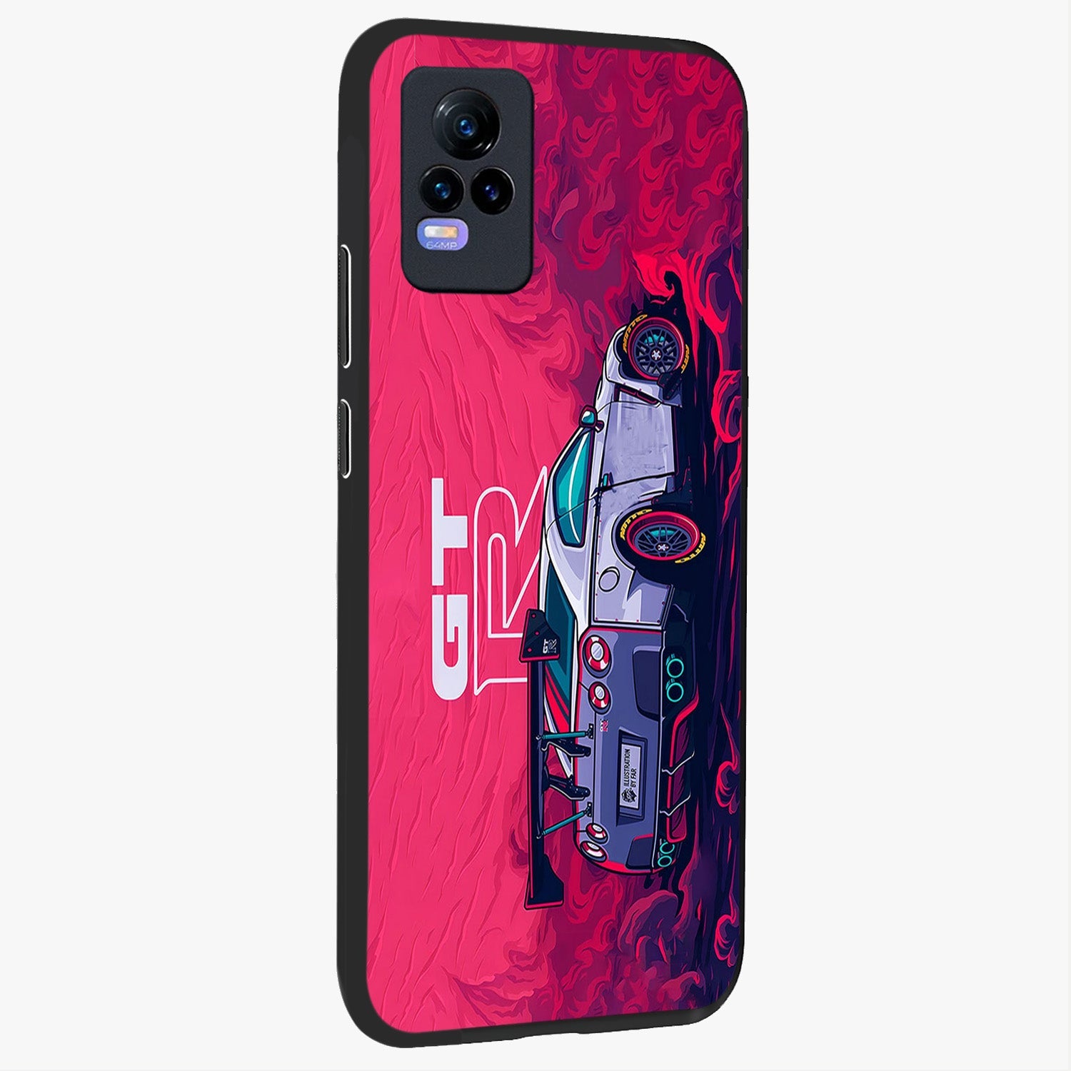 GT-R Car Pattern Glass Case upright view showcasing dynamic car pattern artwork with modern sports theme.