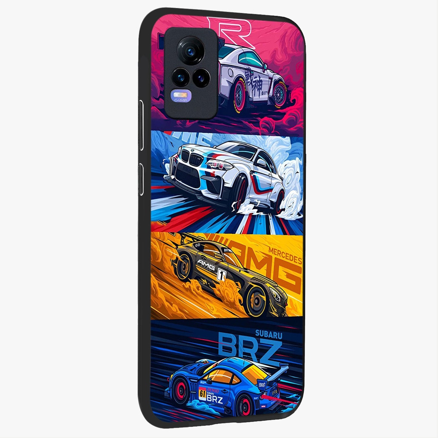 JDM Sports Car Glass Case upright view showcasing dynamic sports car artwork with bold racing theme.