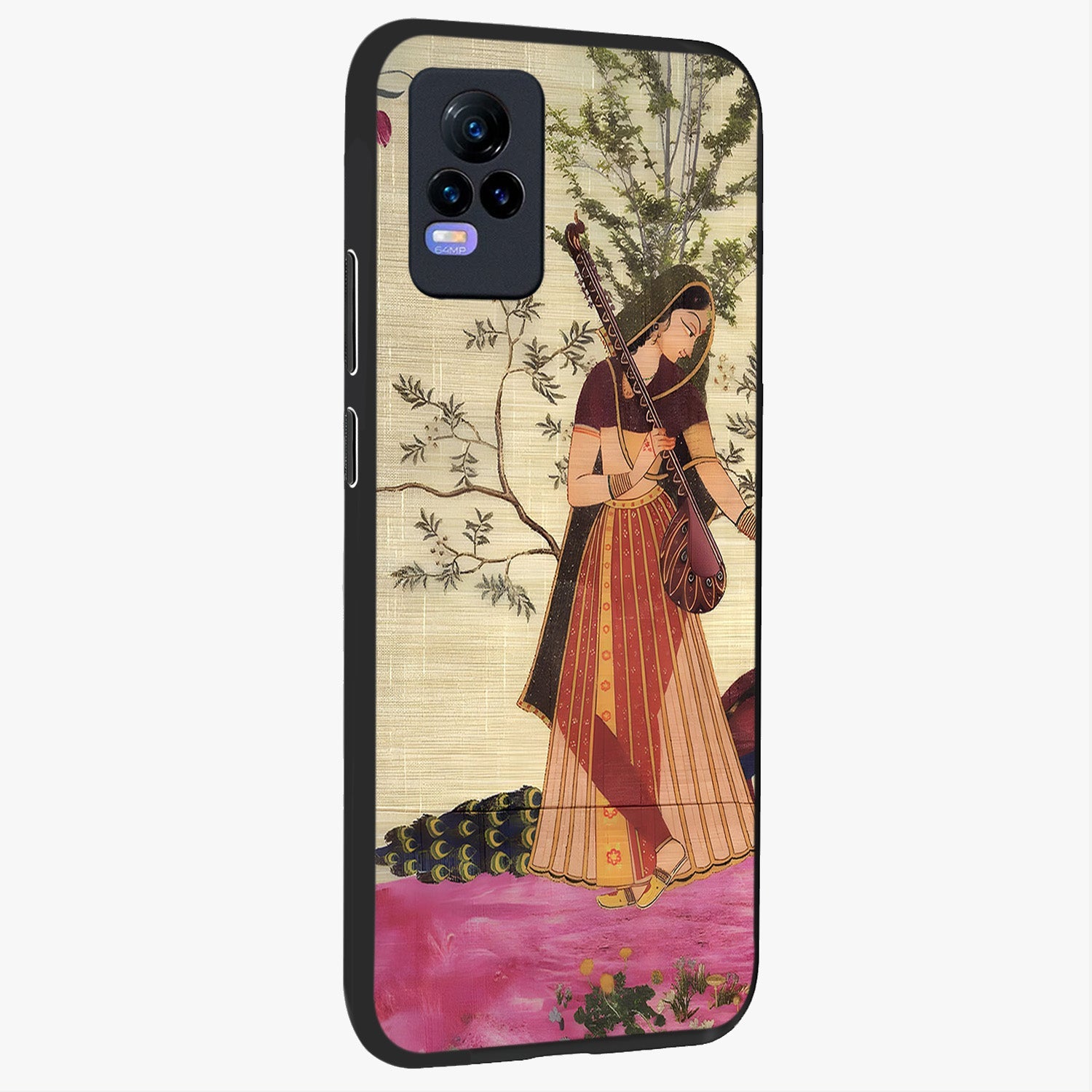Lady With Veena Art Glass Case upright view showcasing classical veena artwork with traditional artistic theme.