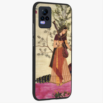 Lady With Veena Art Glass Case upright view showcasing classical veena artwork with traditional artistic theme.