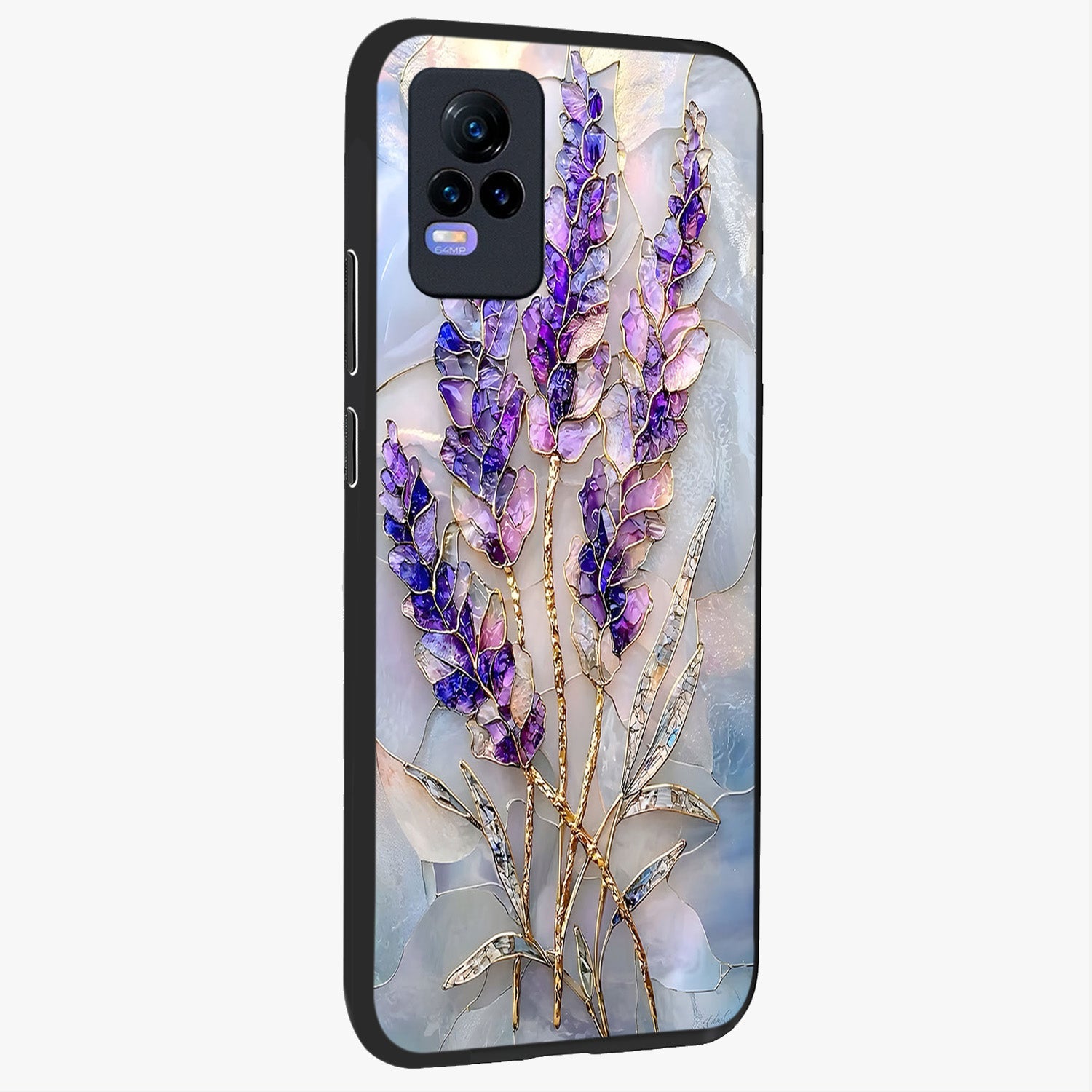 Lavender Dream Glow Glass Case upright view showcasing radiant lavender glow artwork with calming dreamy theme.