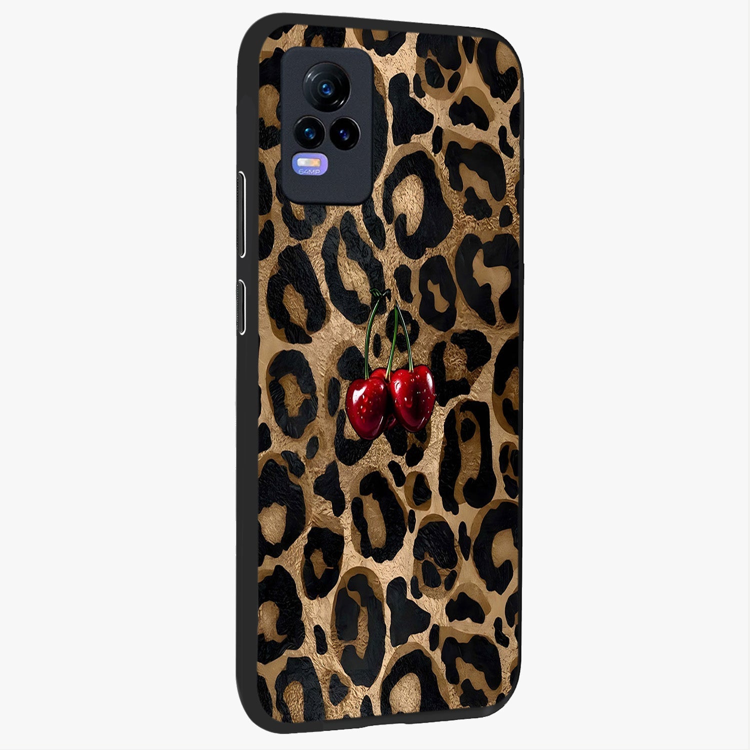 Leopard Wild Cherry Glass Case upright view showcasing stylish leopard pattern artwork with trendy fashion theme.