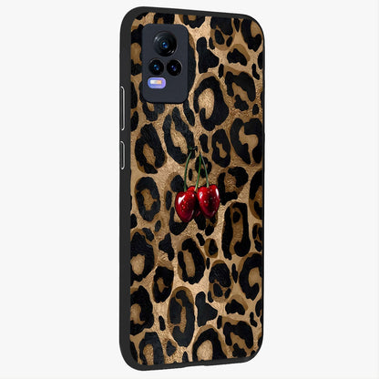 Leopard Wild Cherry Glass Case upright view showcasing stylish leopard pattern artwork with trendy fashion theme.