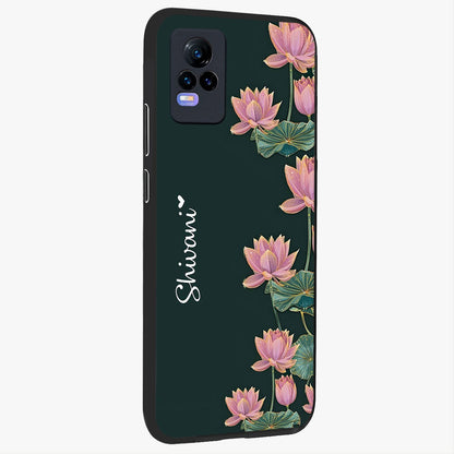 Lotus Bloom Serenity Custom Name Glass Case upright view showcasing serene lotus bloom artwork with personalized floral aesthetic.