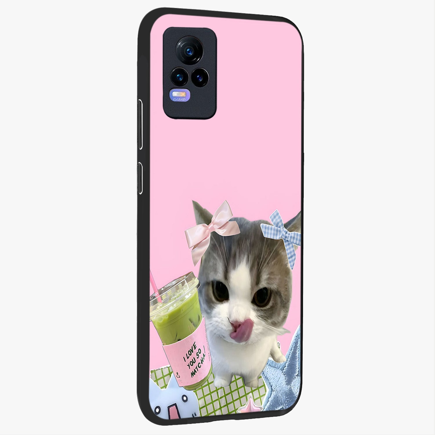 Love Matcha Cat Glass Case upright view showcasing adorable cat artwork with charming matcha themed design.