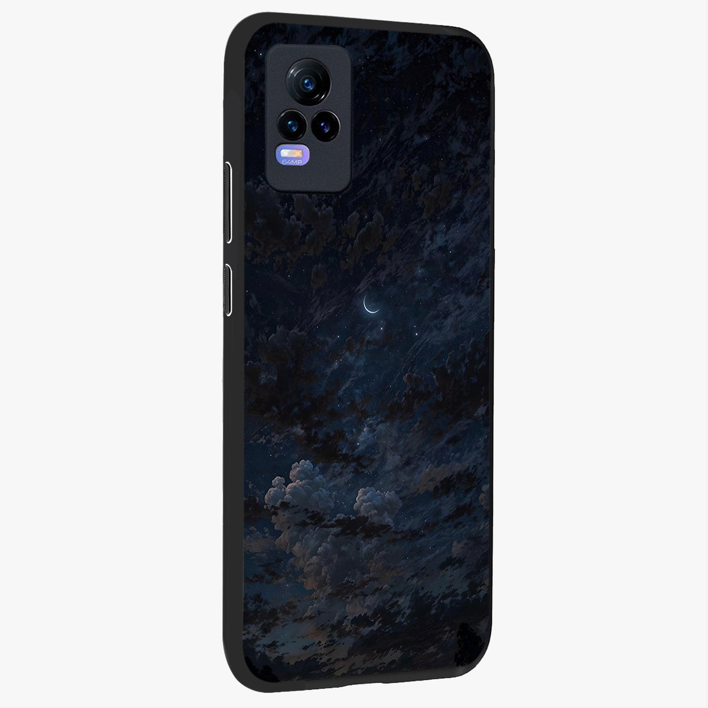 Lunar Veil Silence Glass Case upright view showcasing calm moon themed artwork with serene night atmosphere.