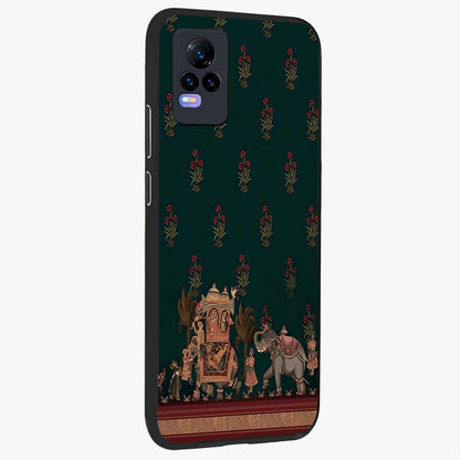 Macmerise Glass Case upright view showcasing bold artistic artwork with contemporary design theme.