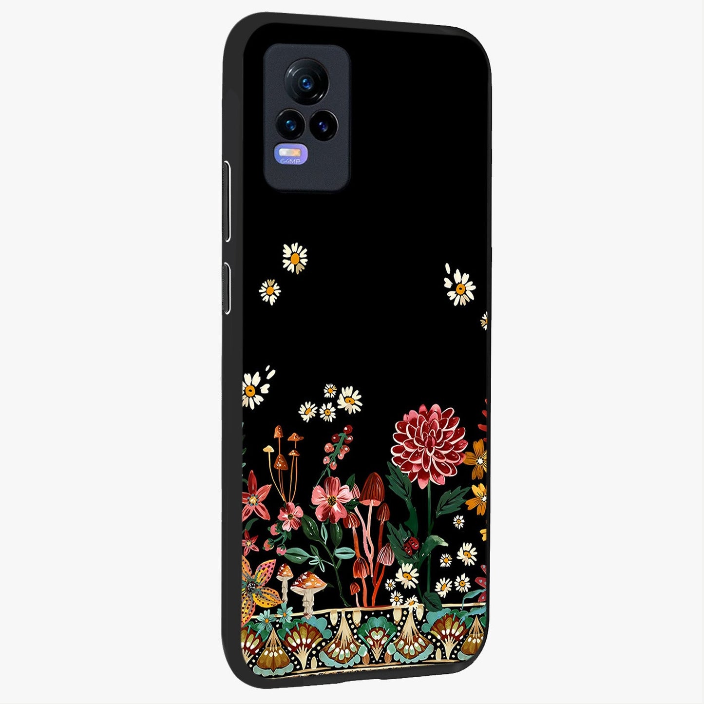 Midnight Bloom Pattern Glass Case upright view showcasing decorative floral artwork with deep night themed palette.