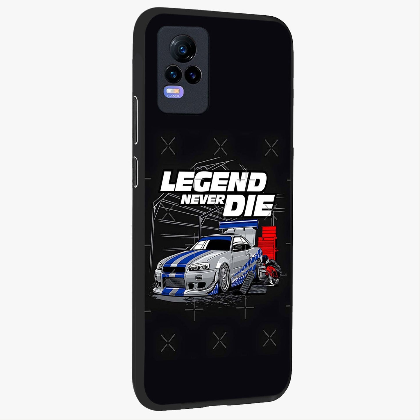 Midnight Racing Legacy Glass Case upright view showcasing powerful racing artwork with modern sports theme.