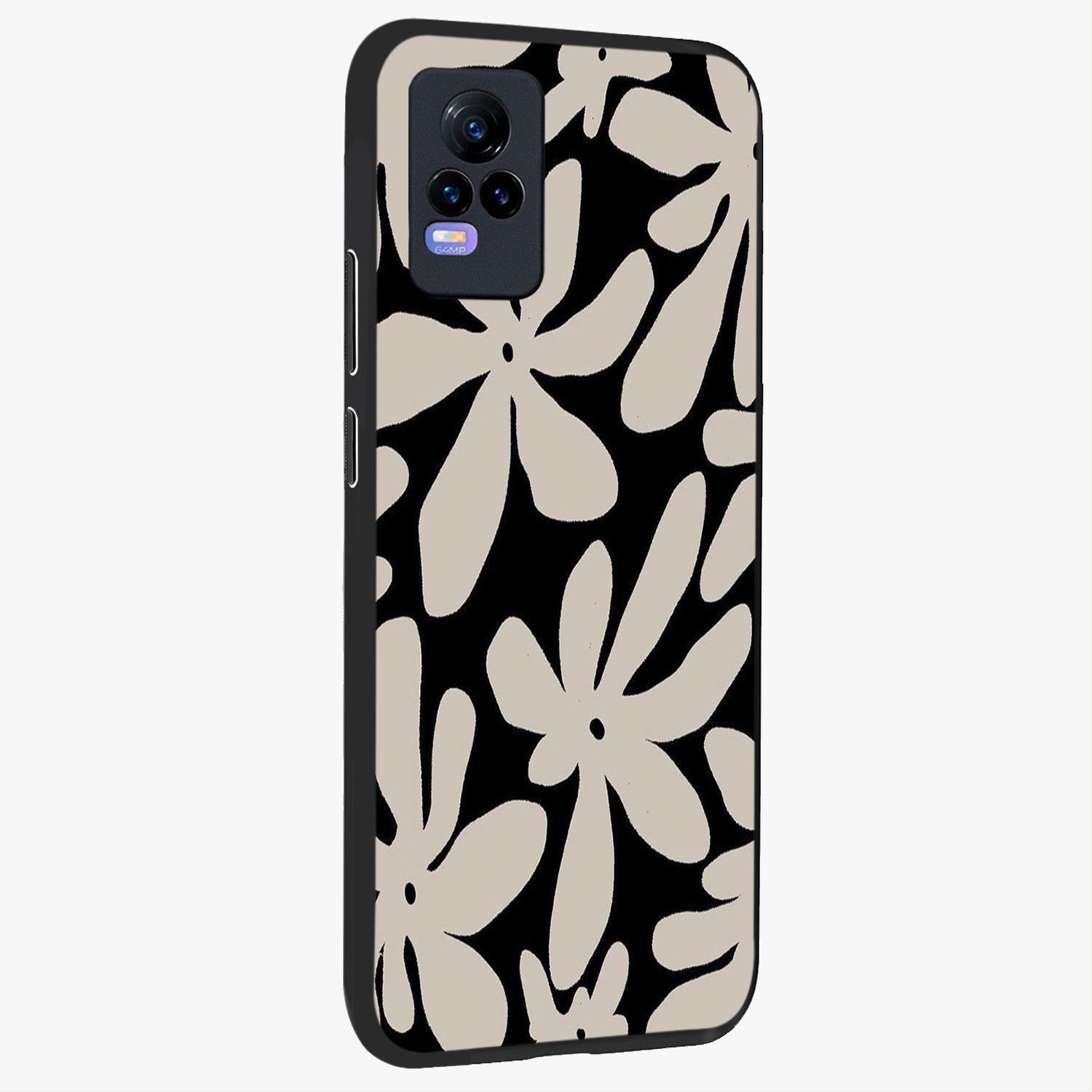 Monochrome Petal Dance Glass Case upright view showcasing artistic floral pattern with stylish monochrome theme.