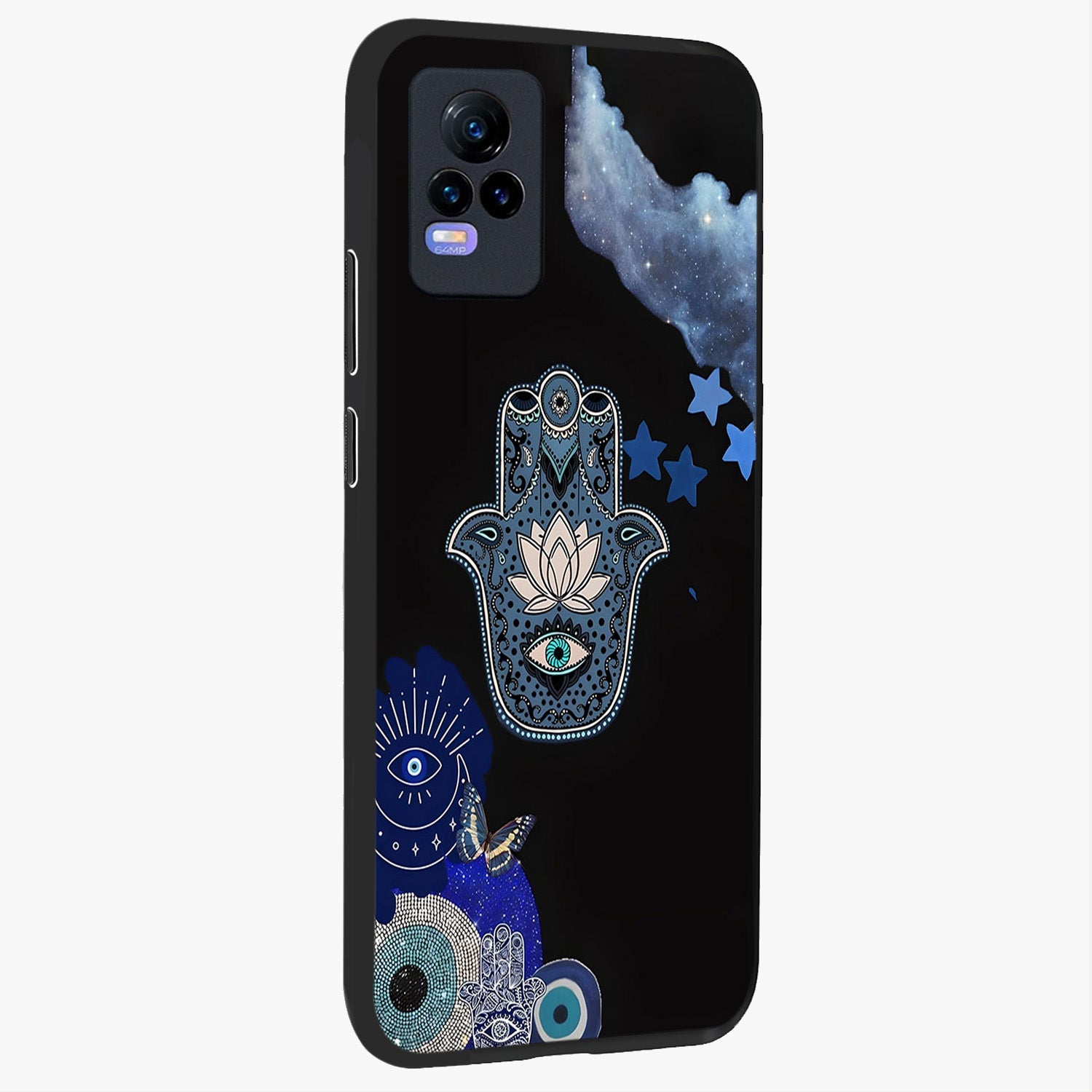 Mystic Hand Aura Glass Case upright view showcasing symbolic hand artwork with mystical energy theme.