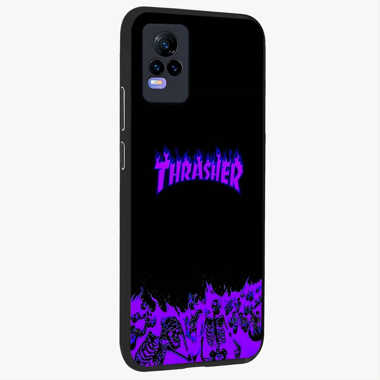 Neon Flame Riot Glass Case upright view showcasing dynamic flame artwork with energetic neon theme.
