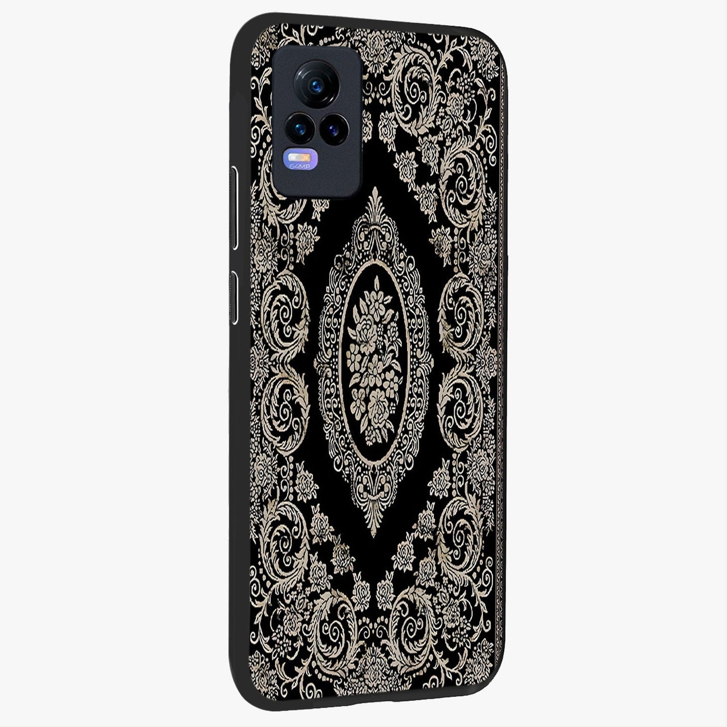 Noir Bloom Elegance Glass Case upright view showcasing graceful floral artwork with luxurious dark theme.