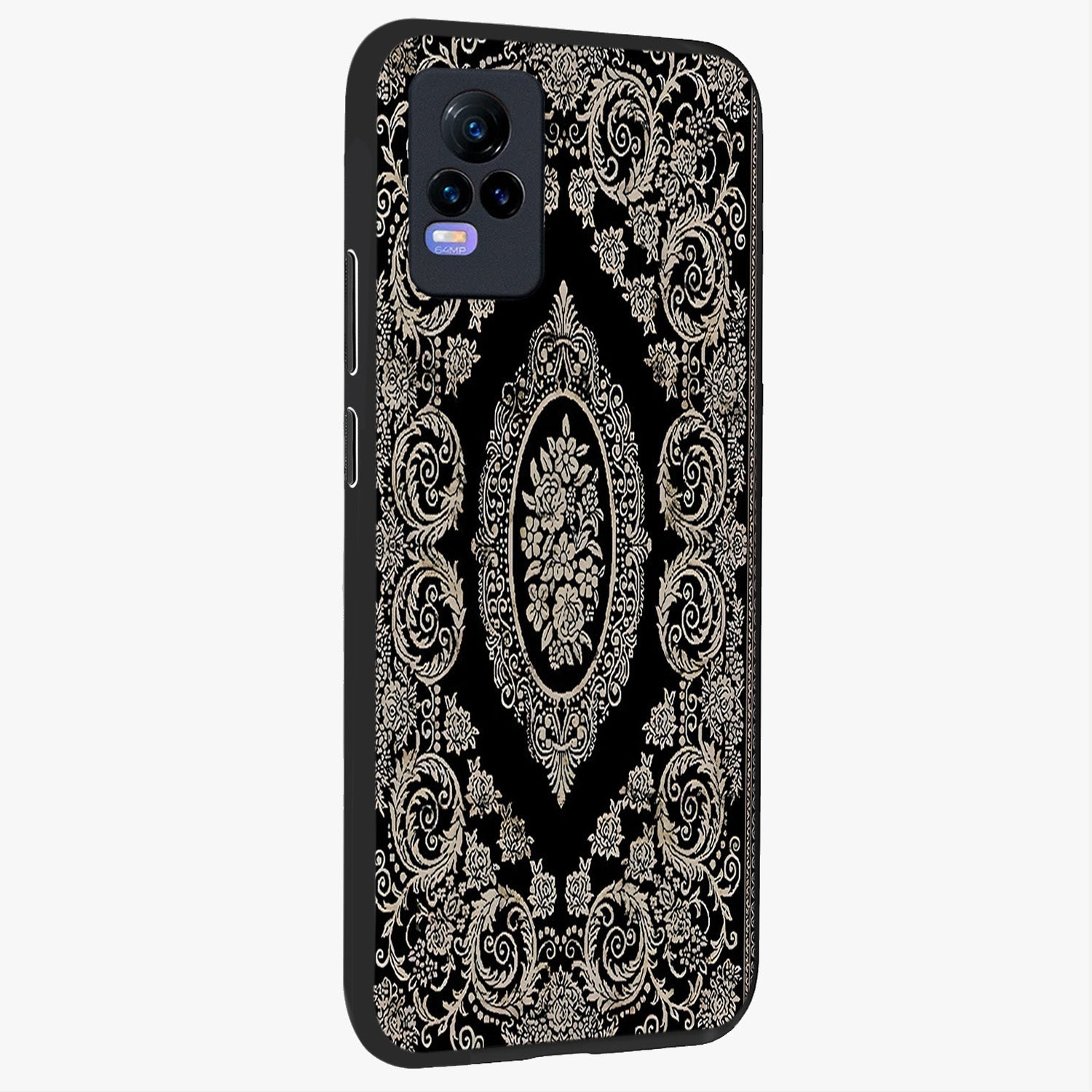 Noir Bloom Elegance Glass Case upright view showcasing graceful floral artwork with luxurious dark theme.