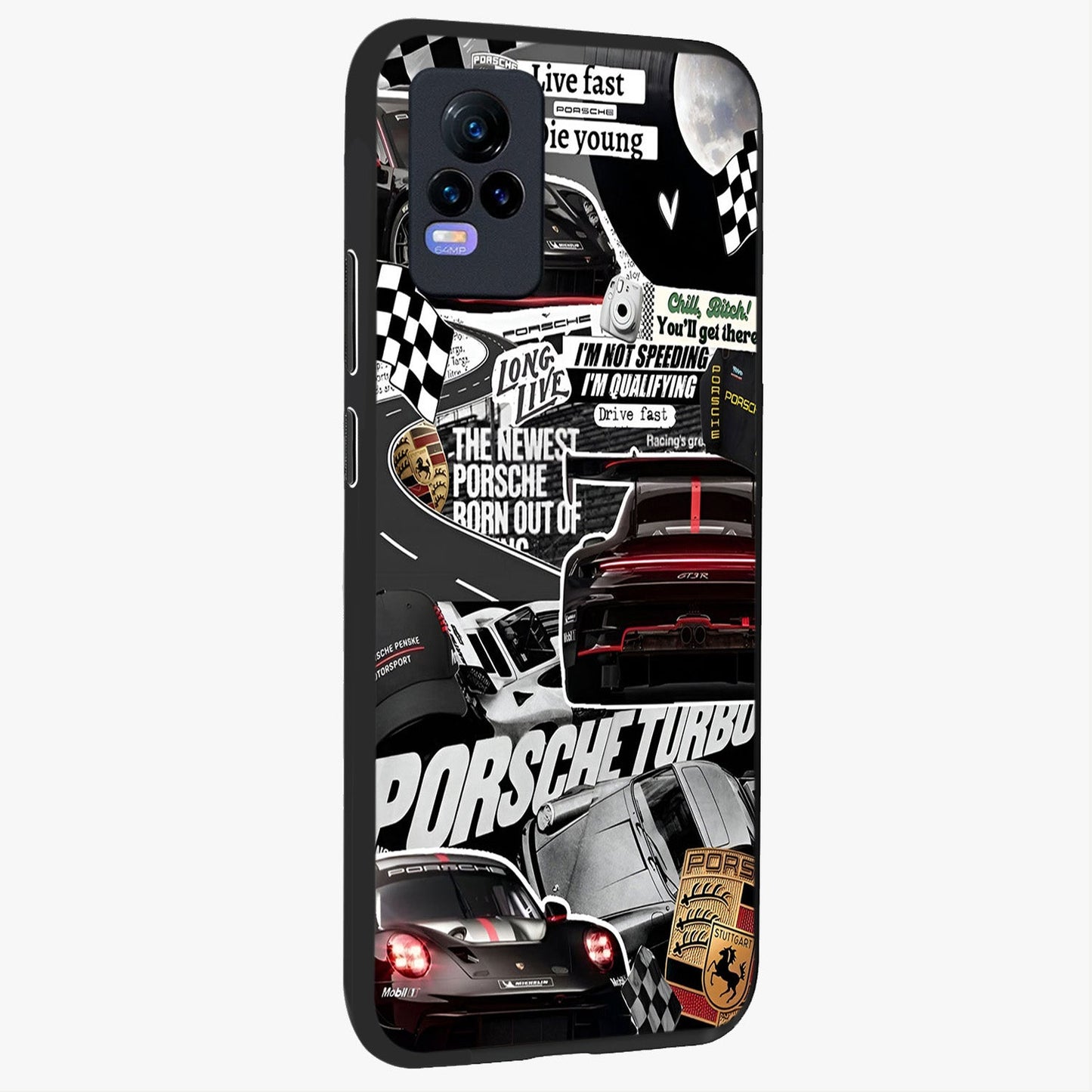 Porsche Racing Collage Glass Case upright view showcasing energetic car collage artwork with high speed racing theme.
