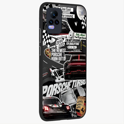 Porsche Racing Collage Glass Case upright view showcasing energetic car collage artwork with high speed racing theme.