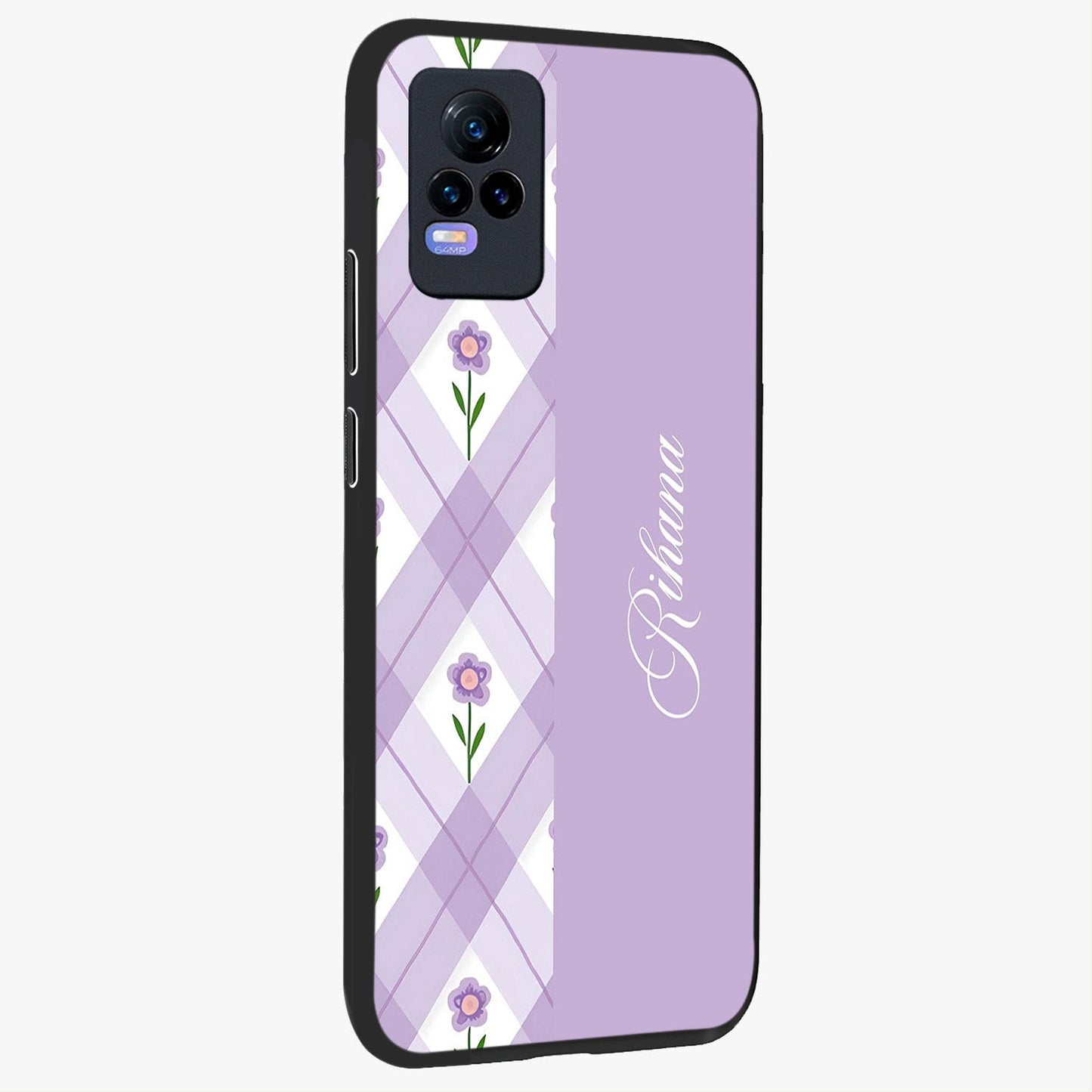 Purple Diamond Floral Glass Case upright view showcasing vibrant floral artwork with stylish geometric theme.