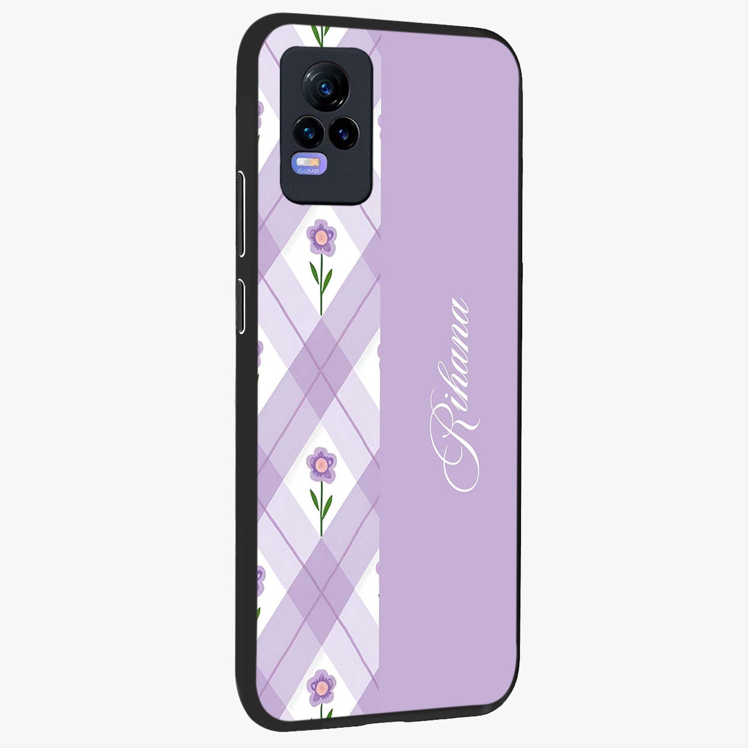 Purple Diamond Floral Glass Case upright view showcasing vibrant floral artwork with stylish geometric theme.
