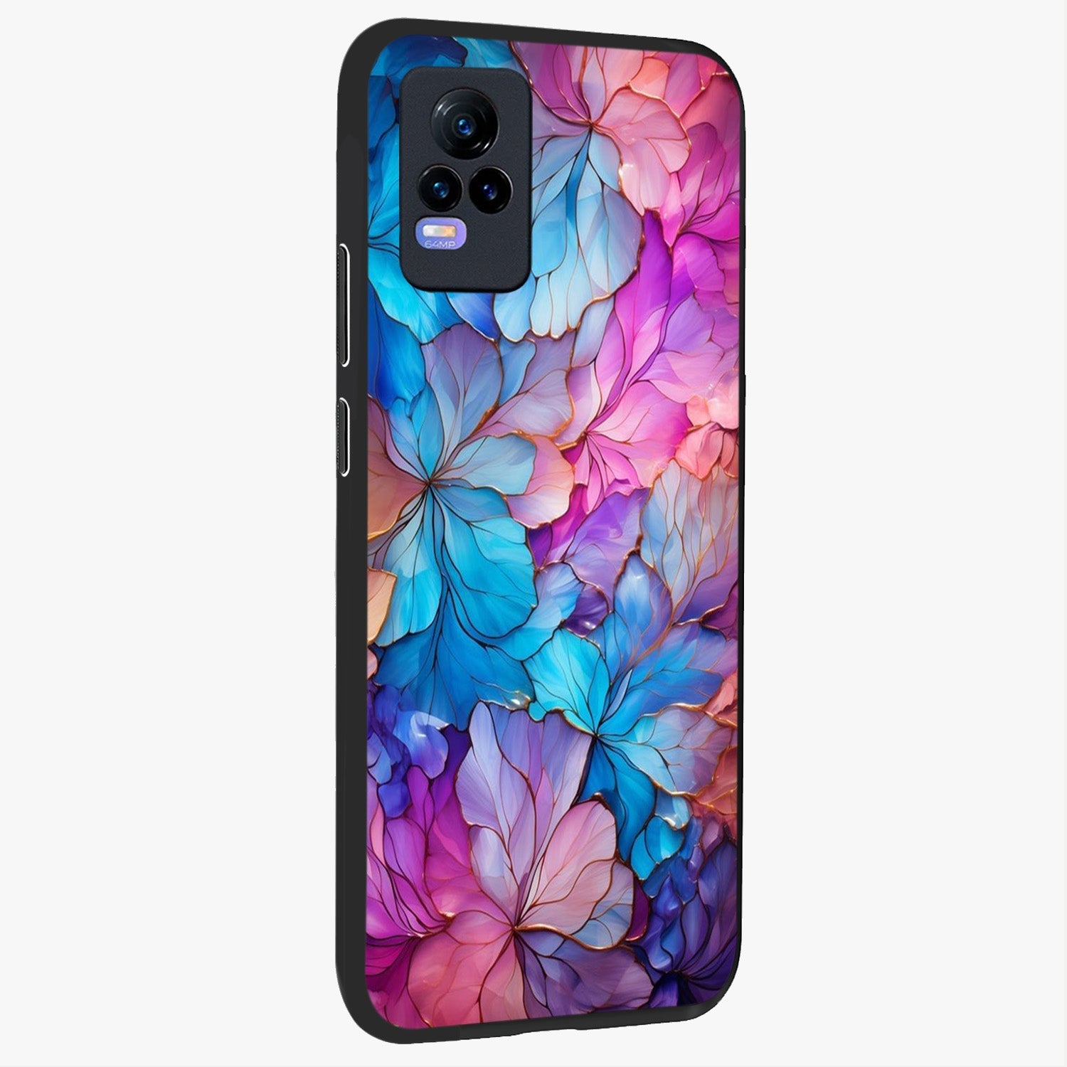 Radiant Floral Whirl Glass Case upright view showcasing lively floral artwork with decorative swirl theme.