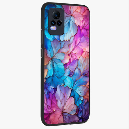 Radiant Floral Whirl Glass Case upright view showcasing lively floral artwork with decorative swirl theme.