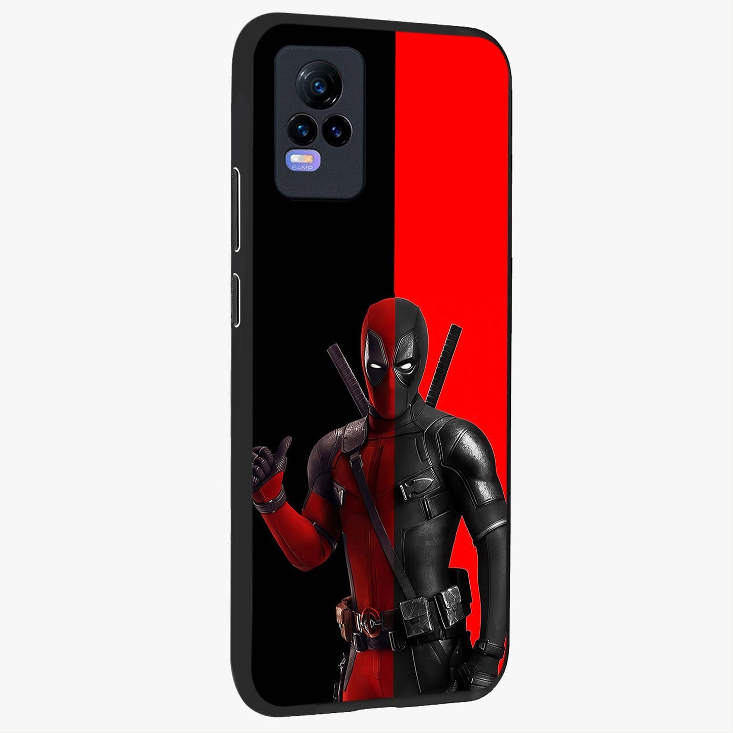 Red & Black Deadpool Theme Glass Case upright view showcasing energetic comic themed artwork with striking red and black design.