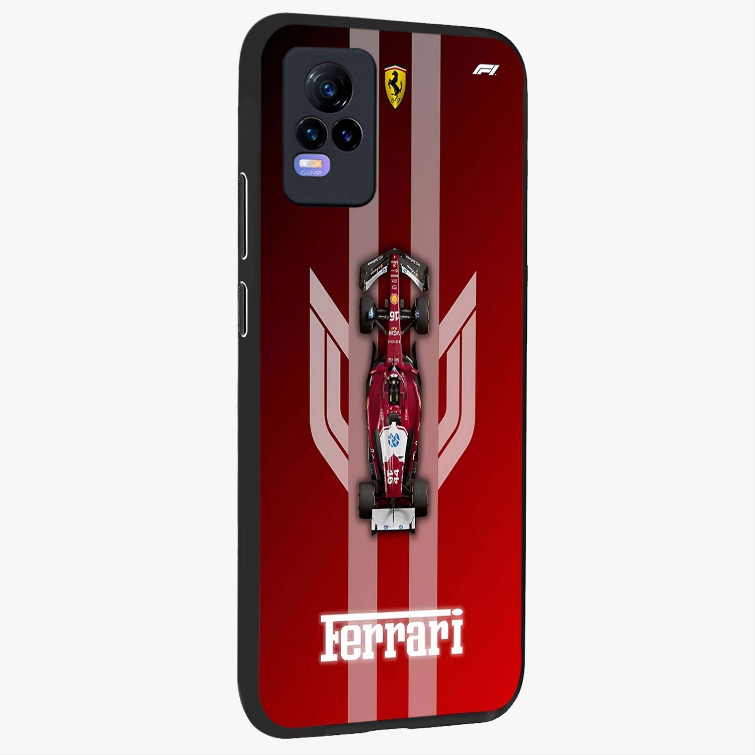 Red Ferrari F1 Vertical Glass Case upright view showcasing powerful Formula car artwork with dynamic motorsport theme.