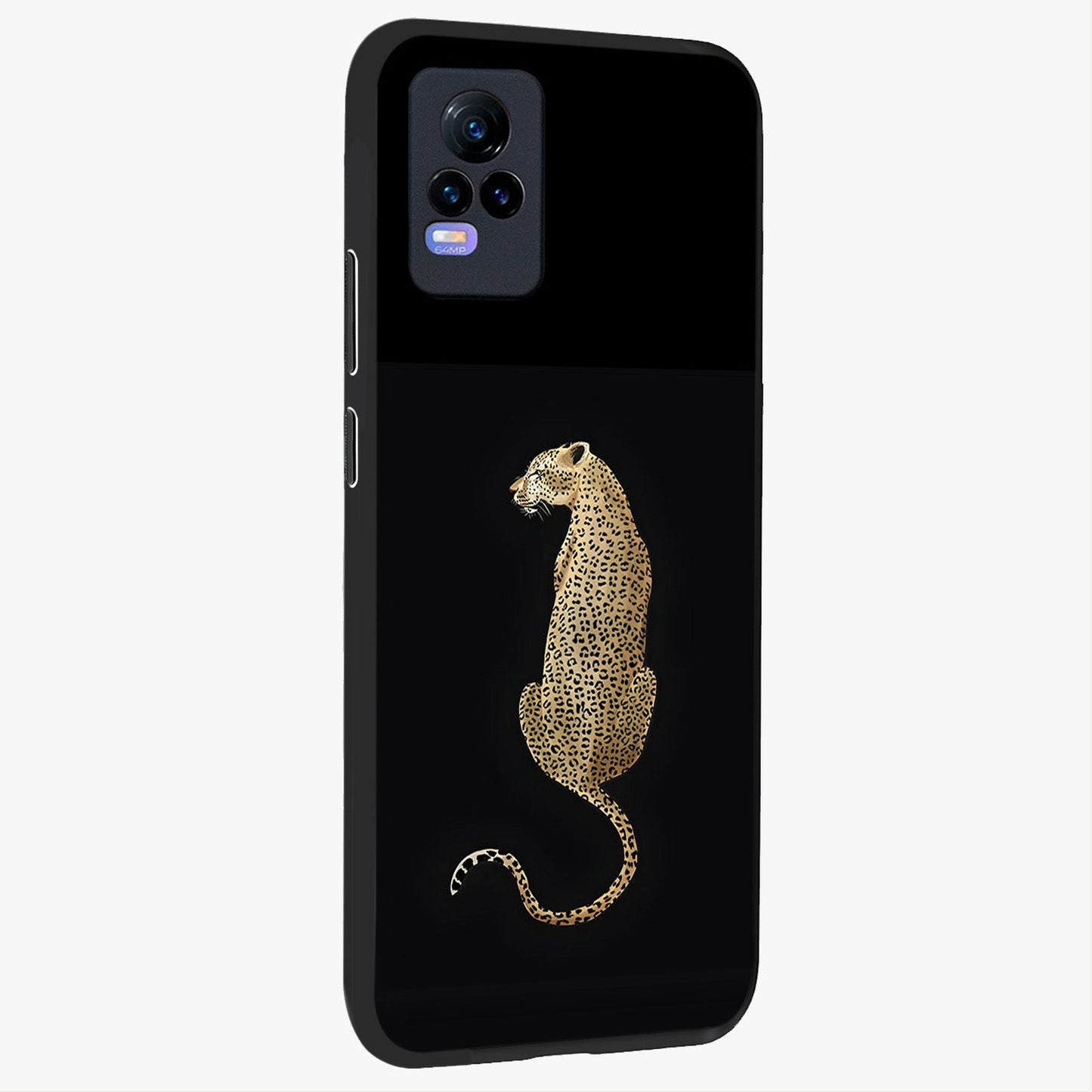 Regal Leopard Glass Case upright view showcasing striking leopard artwork with fierce wildlife theme.