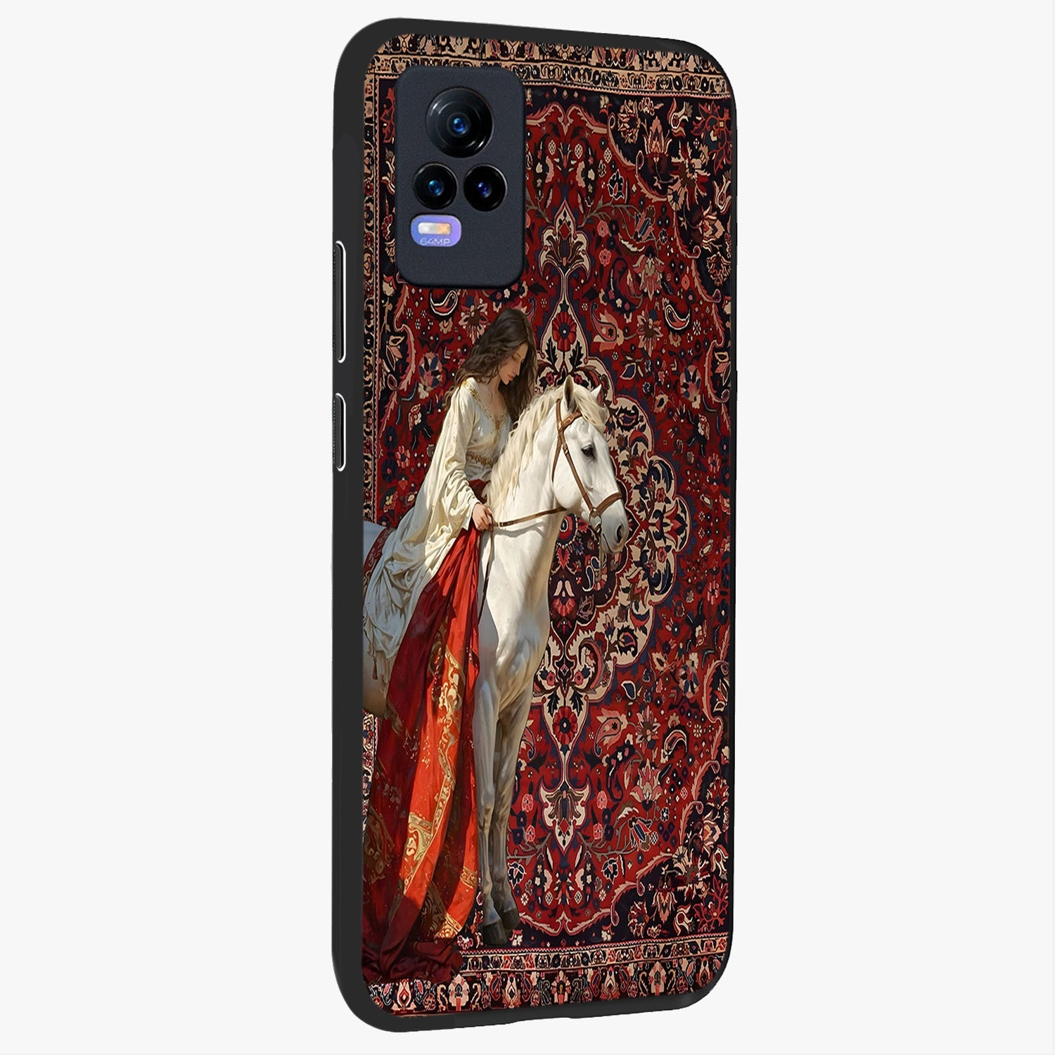 Royal Rider Tapestry Glass Case upright view showcasing detailed rider artwork with classic tapestry theme.